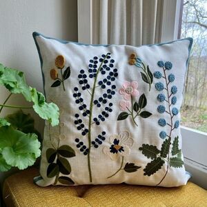 Blue Spring Wildflower Embroidered Throw Pillow Cover 18x18